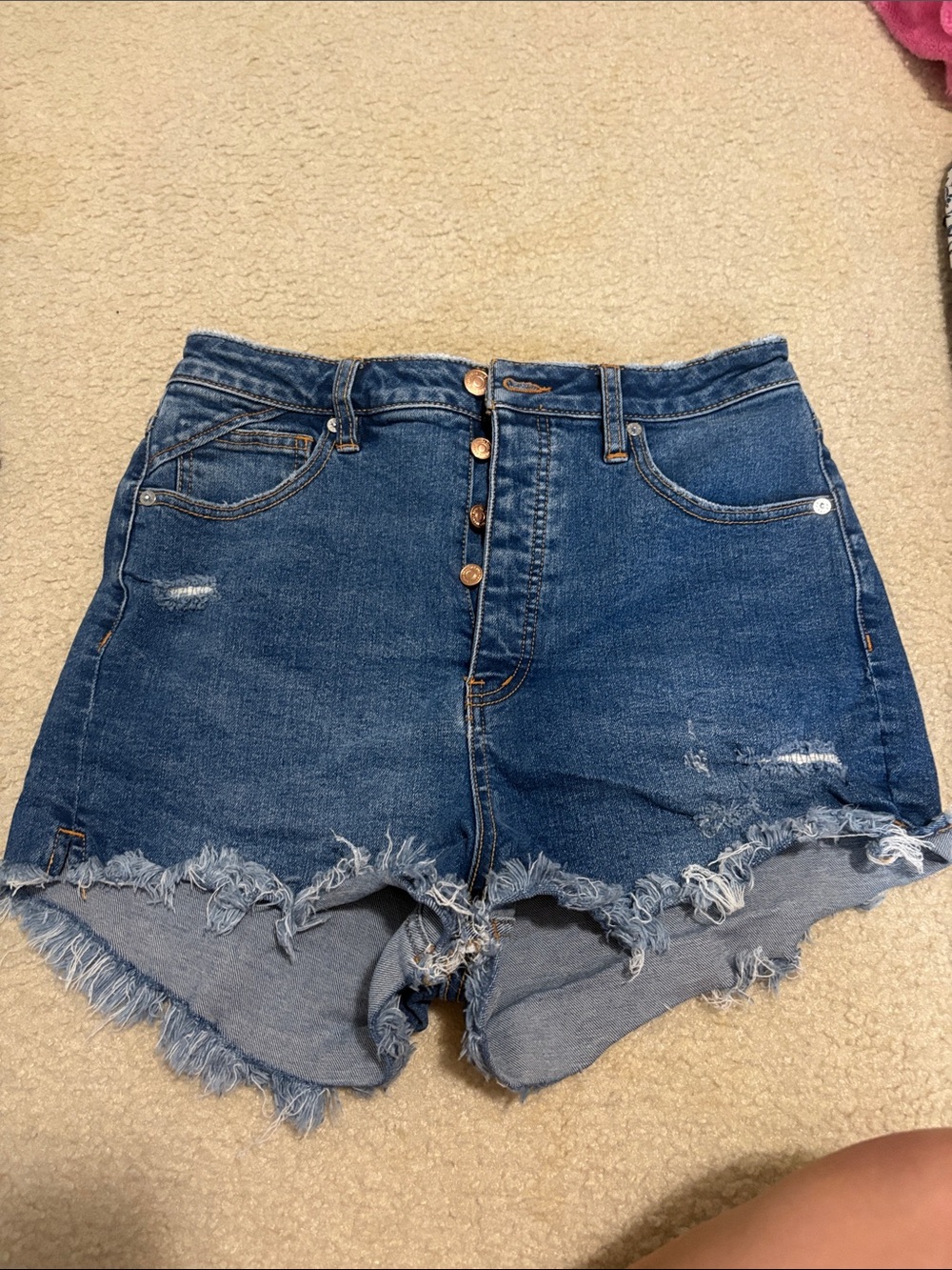 Free People Dark Blue Distressed Button-Front Denim Shorts